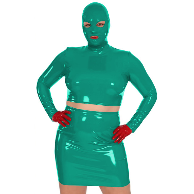 Novelty Women Glossy PVC Leather Masked Top Mini Skirt Club Cosplay 2Pc Sets Sexy Long Sleeve Crop Tops with High Waisted Skirts