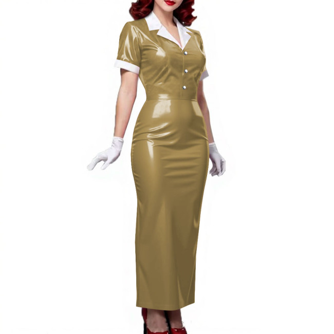 Plus Size Women Shiny Patent Leather Long Dresses Short Sleeve Turn-down Collar Ladies Slim Dress Button-up PVC Pencil Dress