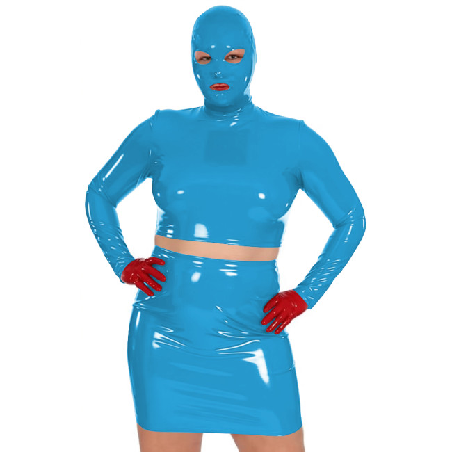 Novelty Women Glossy PVC Leather Masked Top Mini Skirt Club Cosplay 2Pc Sets Sexy Long Sleeve Crop Tops with High Waisted Skirts