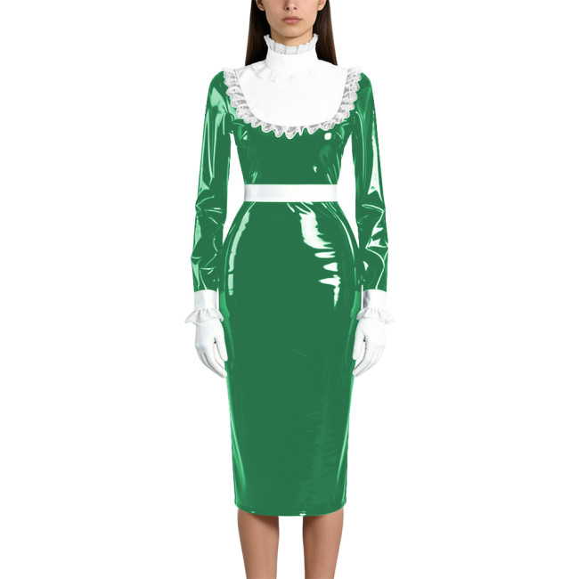 Shiny Wetlook PVC Maid Pencil Dress Elegant Ruffles Collar Long Sleeve Mid Dress Sissy Crossdresser Raves Party Cosplay Dresses