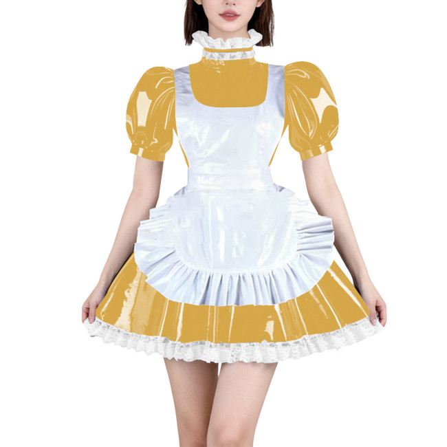 Womens French Maid Cosplay Mini Dress Puff Short Sleeve High Neck Lace Trim Dress with Apron Halloween Carnival Party Costume