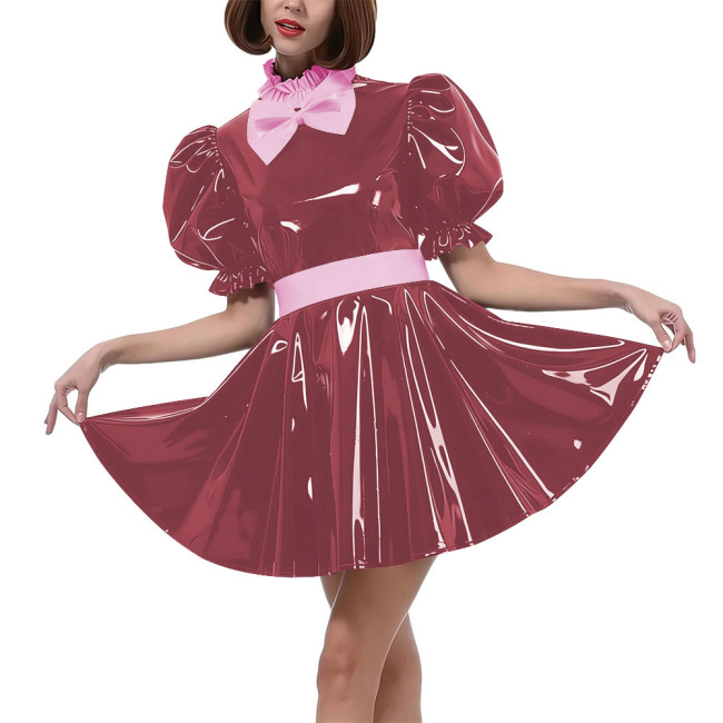 Sweet Bow Lolita Pleated Mini Dress Women Puff Sleeves Maid Cosplay Costume PVC Patent Leather Party Dress Outfit Crossdressring