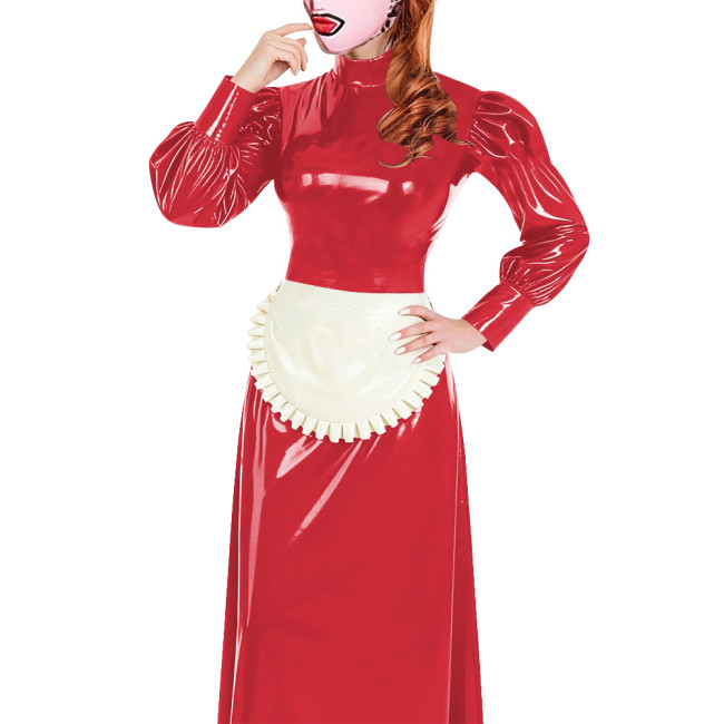 Elegant Long Maid Dress with Apron High Neck Long Sleeve PVC Shiny Leather Maid Dresses Cosplay Sissy Servants Wetlook Uniforms