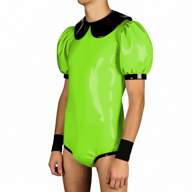 Mens Sissy Doll Collar Puff Short Sleeve Bodysuit Club Patchwork Glossy PVC Leather Rompers Halloween Party Suit Cosplay Leotard