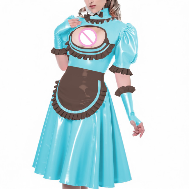 Sexy Hollow Vinyl PVC Leather Maid Dress High Neck Ruffles Trims Puff Sleeve A-Line Dress with Gloves Apron Naughty Maid Uniform