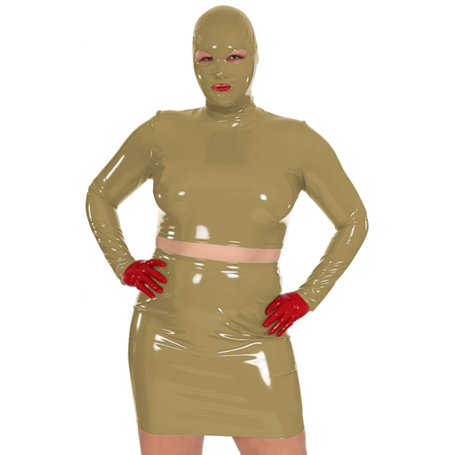 Novelty Women Glossy PVC Leather Masked Top Mini Skirt Club Cosplay 2Pc Sets Sexy Long Sleeve Crop Tops with High Waisted Skirts