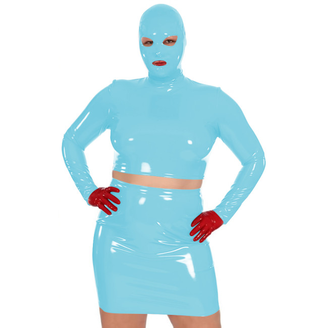 Novelty Women Glossy PVC Leather Masked Top Mini Skirt Club Cosplay 2Pc Sets Sexy Long Sleeve Crop Tops with High Waisted Skirts