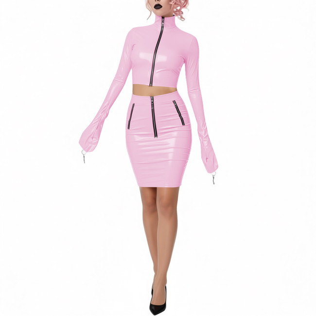 Shiny PVC Leather Club 2-Piece Set High Neck Full Sleeve Crop Top with Bodycon Pencil Skirt Novelty Chic Dress Outfits for Party