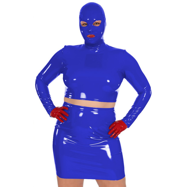Novelty Women Glossy PVC Leather Masked Top Mini Skirt Club Cosplay 2Pc Sets Sexy Long Sleeve Crop Tops with High Waisted Skirts