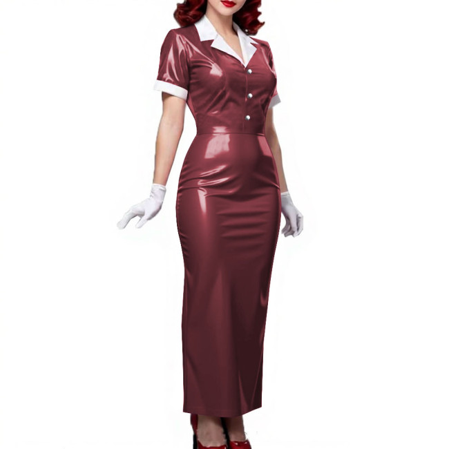 Plus Size Women Shiny Patent Leather Long Dresses Short Sleeve Turn-down Collar Ladies Slim Dress Button-up PVC Pencil Dress