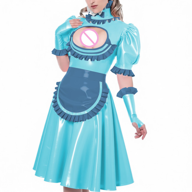 Sexy Hollow Vinyl PVC Leather Maid Dress High Neck Ruffles Trims Puff Sleeve A-Line Dress with Gloves Apron Naughty Maid Uniform