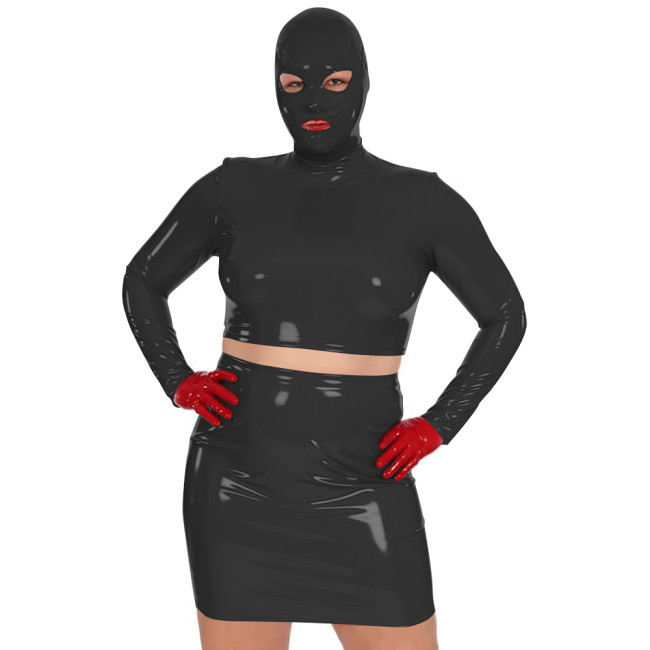 Novelty Women Glossy PVC Leather Masked Top Mini Skirt Club Cosplay 2Pc Sets Sexy Long Sleeve Crop Tops with High Waisted Skirts