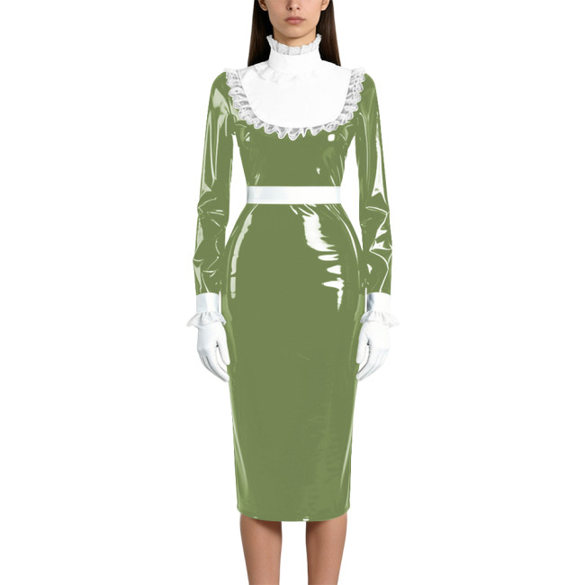 Shiny Wetlook PVC Maid Pencil Dress Elegant Ruffles Collar Long Sleeve Mid Dress Sissy Crossdresser Raves Party Cosplay Dresses
