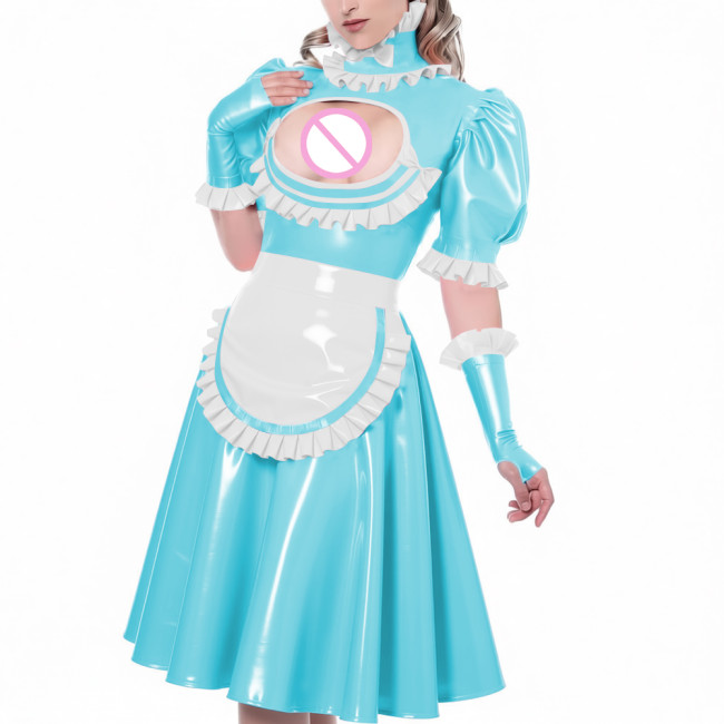 Sexy Hollow Vinyl PVC Leather Maid Dress High Neck Ruffles Trims Puff Sleeve A-Line Dress with Gloves Apron Naughty Maid Uniform