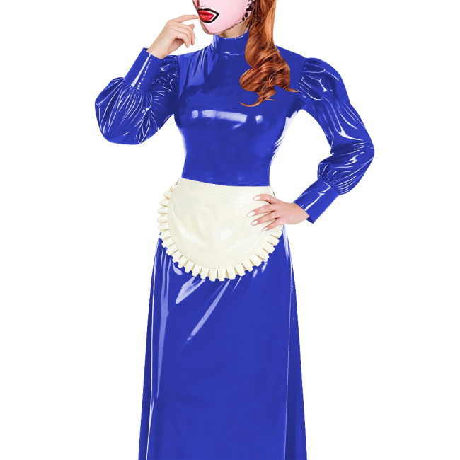 Elegant Long Maid Dress with Apron High Neck Long Sleeve PVC Shiny Leather Maid Dresses Cosplay Sissy Servants Wetlook Uniforms