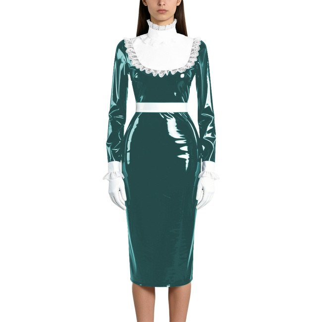Shiny Wetlook PVC Maid Pencil Dress Elegant Ruffles Collar Long Sleeve Mid Dress Sissy Crossdresser Raves Party Cosplay Dresses