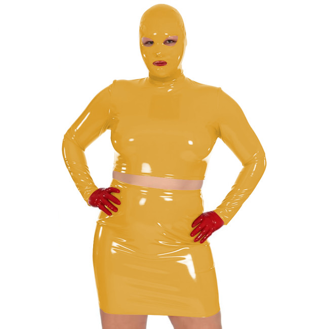 Novelty Women Glossy PVC Leather Masked Top Mini Skirt Club Cosplay 2Pc Sets Sexy Long Sleeve Crop Tops with High Waisted Skirts