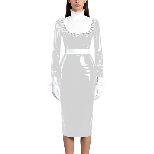 Shiny Wetlook PVC Maid Pencil Dress Elegant Ruffles Collar Long Sleeve Mid Dress Sissy Crossdresser Raves Party Cosplay Dresses