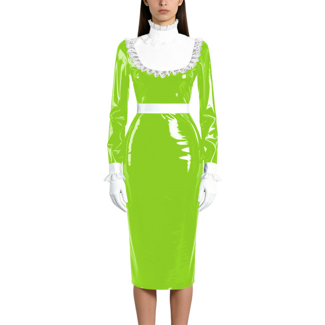 Shiny Wetlook PVC Maid Pencil Dress Elegant Ruffles Collar Long Sleeve Mid Dress Sissy Crossdresser Raves Party Cosplay Dresses