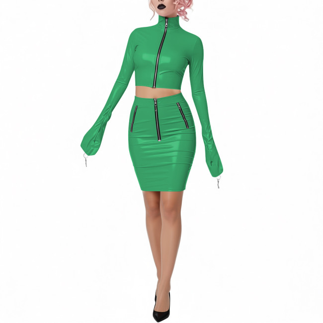 Shiny PVC Leather Club 2-Piece Set High Neck Full Sleeve Crop Top with Bodycon Pencil Skirt Novelty Chic Dress Outfits for Party