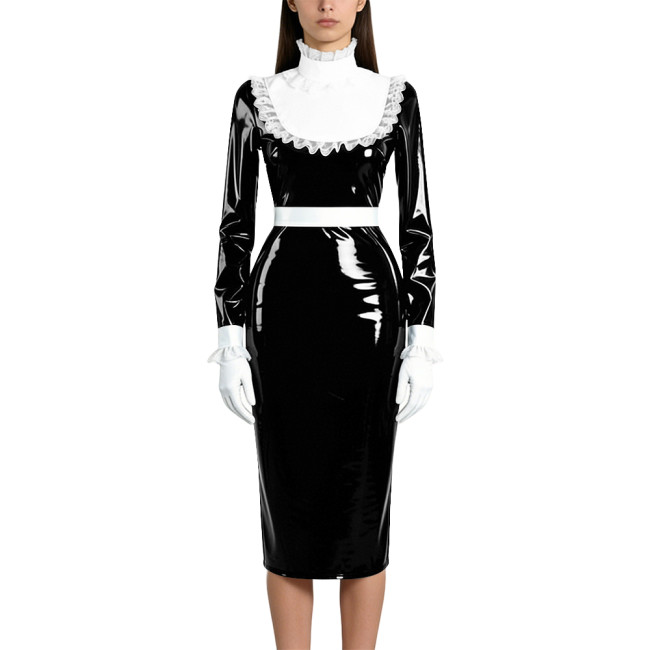Shiny Wetlook PVC Maid Pencil Dress Elegant Ruffles Collar Long Sleeve Mid Dress Sissy Crossdresser Raves Party Cosplay Dresses