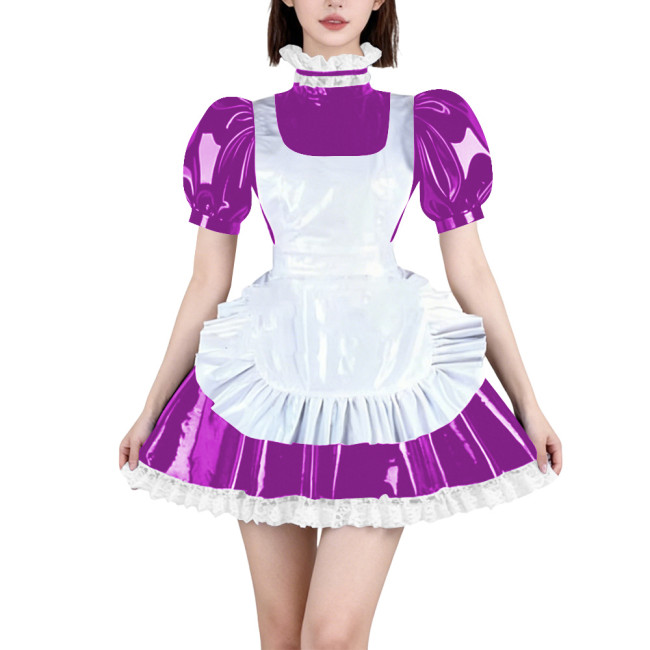 Womens French Maid Cosplay Mini Dress Puff Short Sleeve High Neck Lace Trim Dress with Apron Halloween Carnival Party Costume