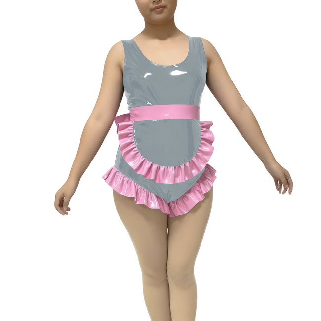 Ruffles Sexy Sleeveless Maid Bodysuit Fetish PVC Glossy Leather High Cut Rompers Sissy Maid Cosplay Leotard Crossdress Lingerie