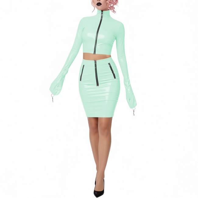 Shiny PVC Leather Club 2-Piece Set High Neck Full Sleeve Crop Top with Bodycon Pencil Skirt Novelty Chic Dress Outfits for Party