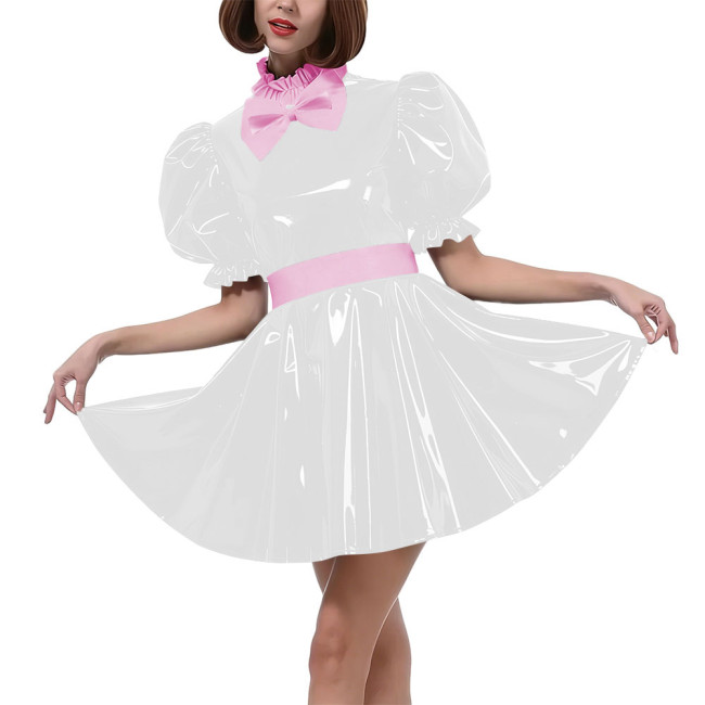 Sweet Bow Lolita Pleated Mini Dress Women Puff Sleeves Maid Cosplay Costume PVC Patent Leather Party Dress Outfit Crossdressring