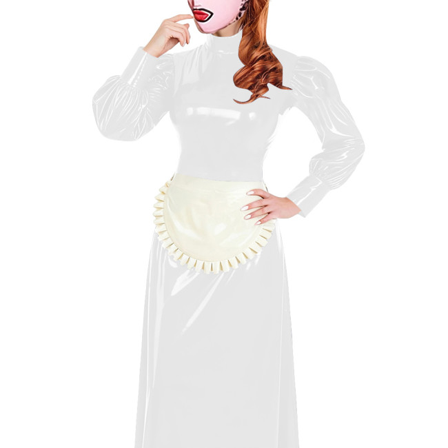 Elegant Long Maid Dress with Apron High Neck Long Sleeve PVC Shiny Leather Maid Dresses Cosplay Sissy Servants Wetlook Uniforms