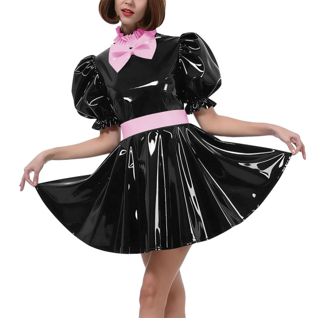Sweet Bow Lolita Pleated Mini Dress Women Puff Sleeves Maid Cosplay Costume PVC Patent Leather Party Dress Outfit Crossdressring