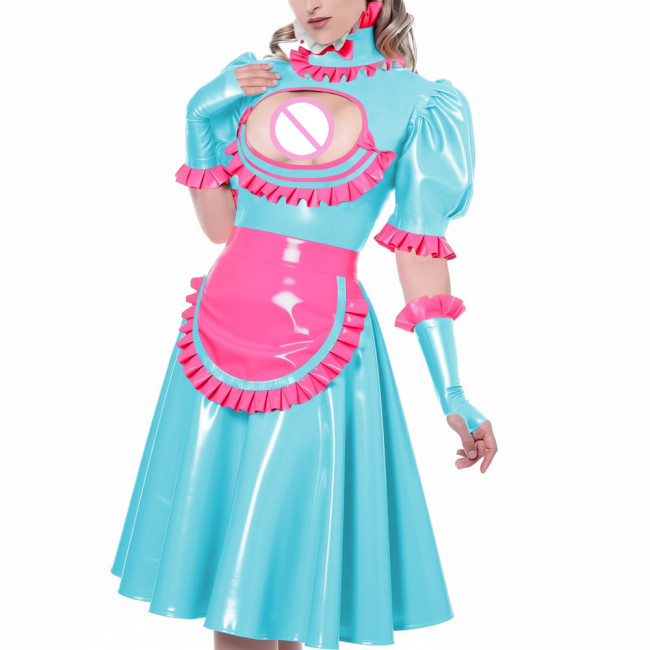 Sexy Hollow Vinyl PVC Leather Maid Dress High Neck Ruffles Trims Puff Sleeve A-Line Dress with Gloves Apron Naughty Maid Uniform