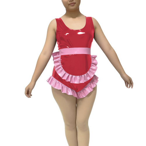 Ruffles Sexy Sleeveless Maid Bodysuit Fetish PVC Glossy Leather High Cut Rompers Sissy Maid Cosplay Leotard Crossdress Lingerie