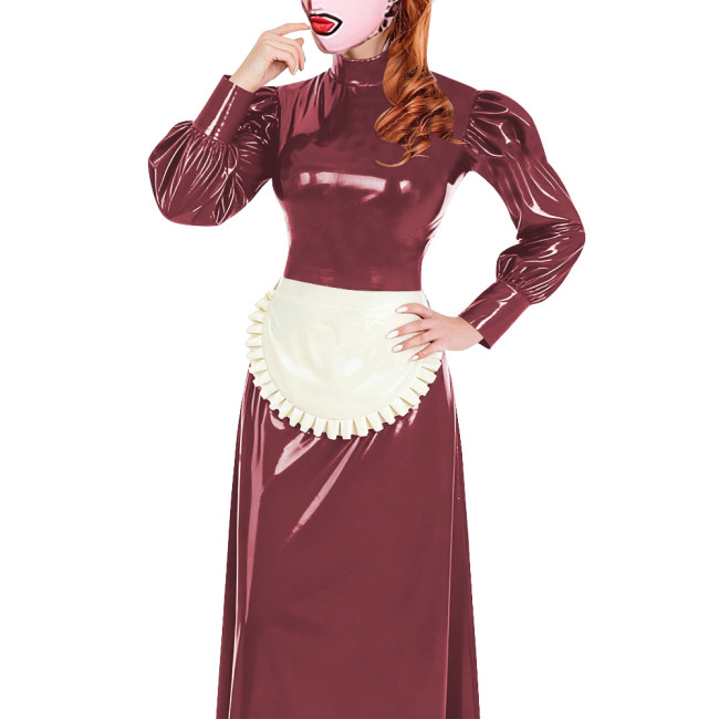 Elegant Long Maid Dress with Apron High Neck Long Sleeve PVC Shiny Leather Maid Dresses Cosplay Sissy Servants Wetlook Uniforms