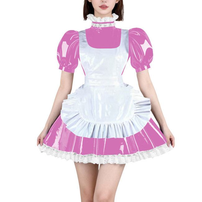 Womens French Maid Cosplay Mini Dress Puff Short Sleeve High Neck Lace Trim Dress with Apron Halloween Carnival Party Costume