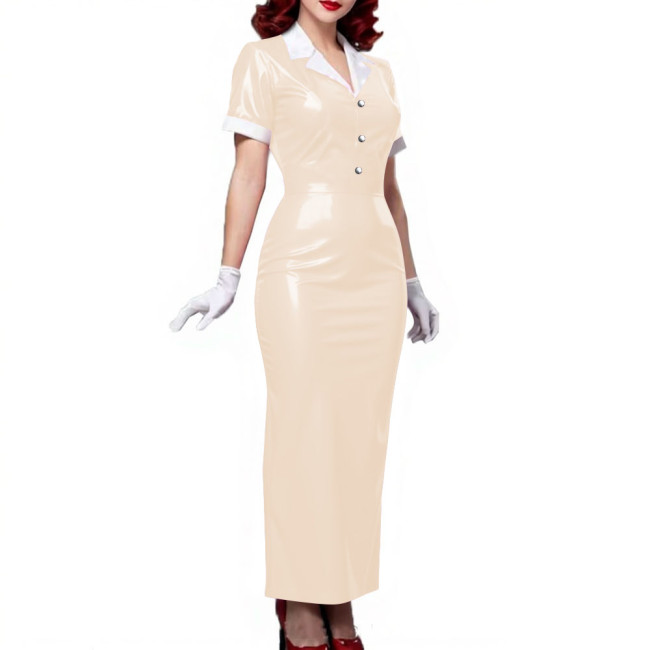 Plus Size Women Shiny Patent Leather Long Dresses Short Sleeve Turn-down Collar Ladies Slim Dress Button-up PVC Pencil Dress