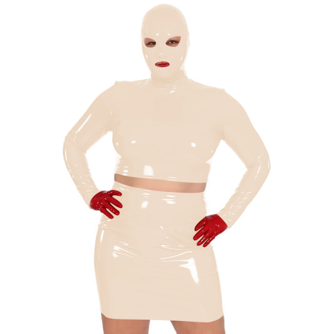 Novelty Women Glossy PVC Leather Masked Top Mini Skirt Club Cosplay 2Pc Sets Sexy Long Sleeve Crop Tops with High Waisted Skirts