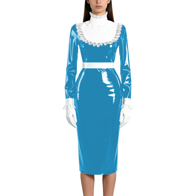 Shiny Wetlook PVC Maid Pencil Dress Elegant Ruffles Collar Long Sleeve Mid Dress Sissy Crossdresser Raves Party Cosplay Dresses