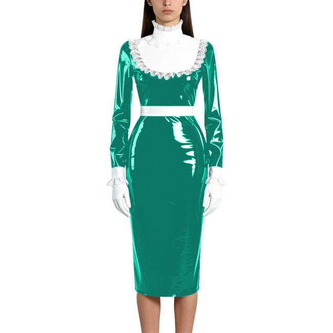 Shiny Wetlook PVC Maid Pencil Dress Elegant Ruffles Collar Long Sleeve Mid Dress Sissy Crossdresser Raves Party Cosplay Dresses