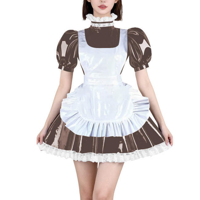 Womens French Maid Cosplay Mini Dress Puff Short Sleeve High Neck Lace Trim Dress with Apron Halloween Carnival Party Costume