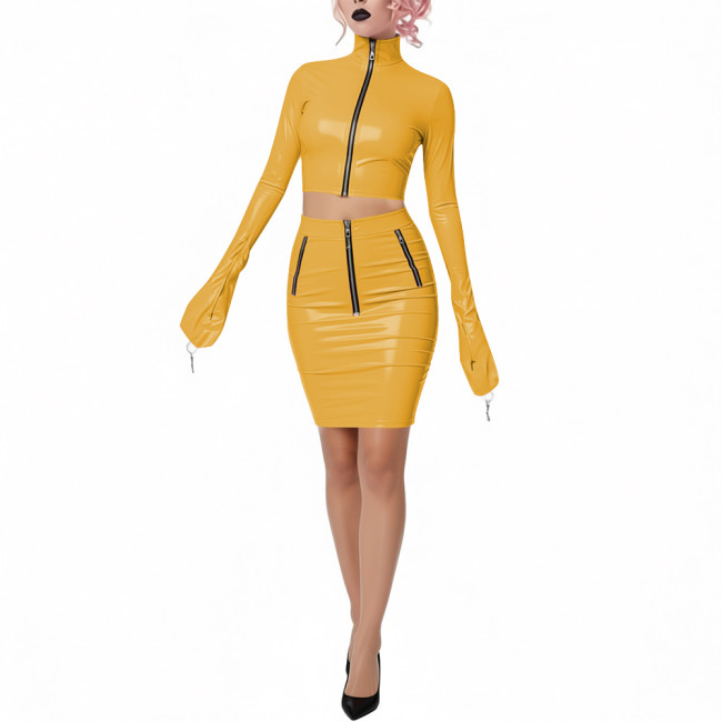 Shiny PVC Leather Club 2-Piece Set High Neck Full Sleeve Crop Top with Bodycon Pencil Skirt Novelty Chic Dress Outfits for Party