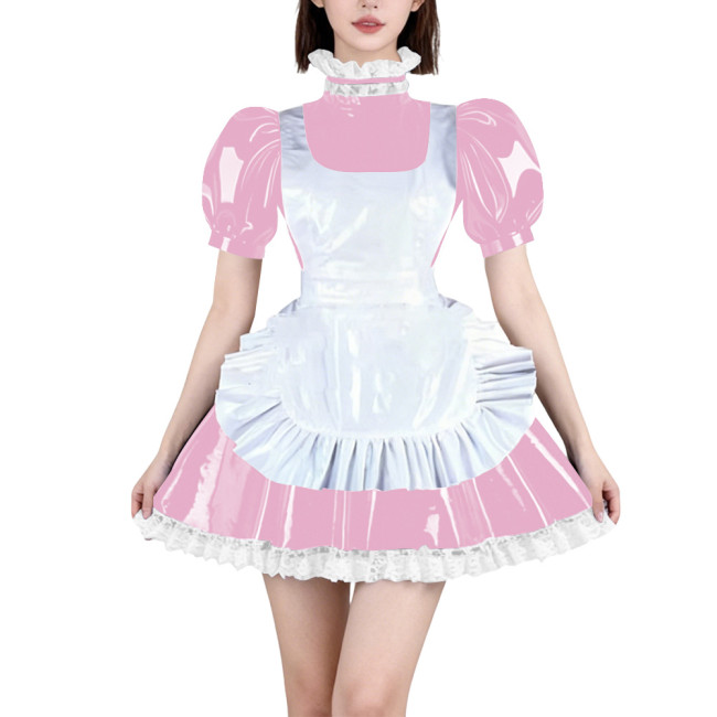 Womens French Maid Cosplay Mini Dress Puff Short Sleeve High Neck Lace Trim Dress with Apron Halloween Carnival Party Costume