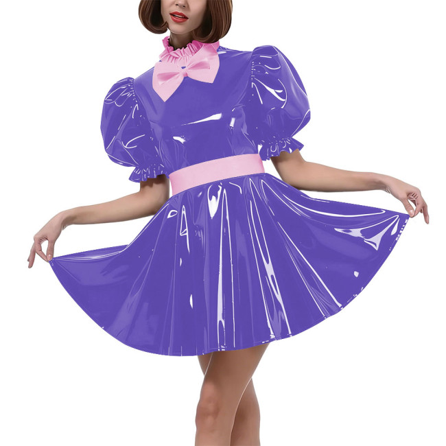 Sweet Bow Lolita Pleated Mini Dress Women Puff Sleeves Maid Cosplay Costume PVC Patent Leather Party Dress Outfit Crossdressring