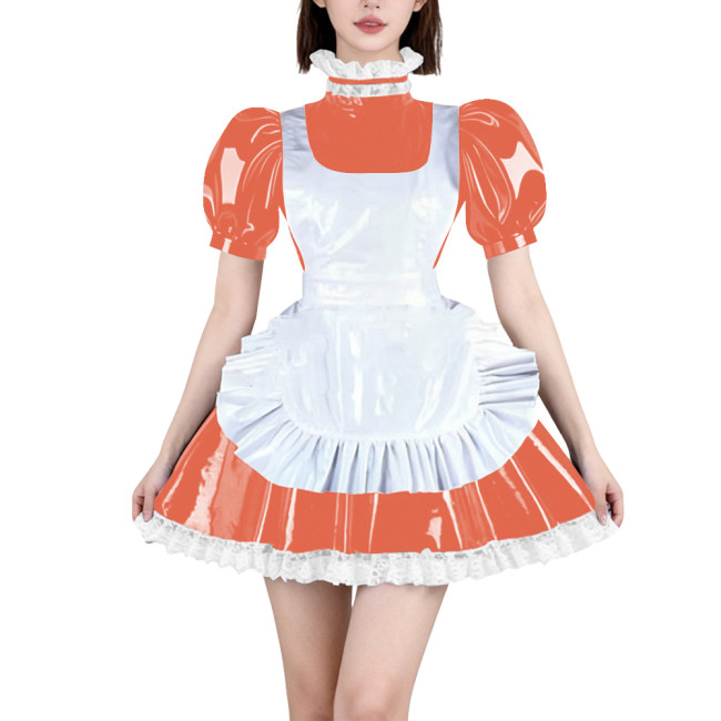 Womens French Maid Cosplay Mini Dress Puff Short Sleeve High Neck Lace Trim Dress with Apron Halloween Carnival Party Costume