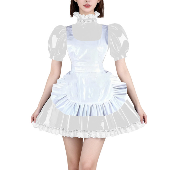 Womens French Maid Cosplay Mini Dress Puff Short Sleeve High Neck Lace Trim Dress with Apron Halloween Carnival Party Costume