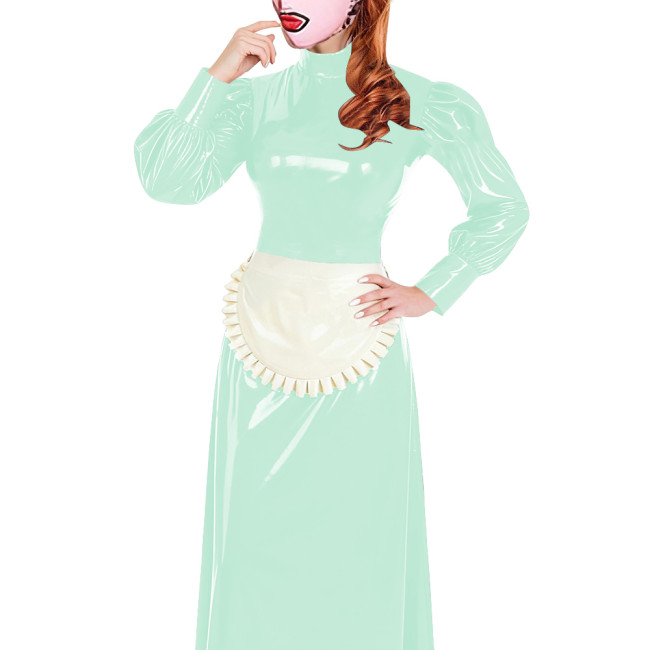 Elegant Long Maid Dress with Apron High Neck Long Sleeve PVC Shiny Leather Maid Dresses Cosplay Sissy Servants Wetlook Uniforms