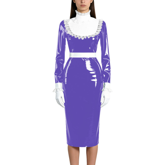 Shiny Wetlook PVC Maid Pencil Dress Elegant Ruffles Collar Long Sleeve Mid Dress Sissy Crossdresser Raves Party Cosplay Dresses