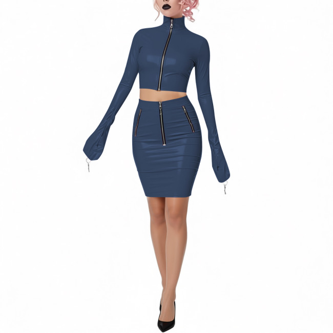 Shiny PVC Leather Club 2-Piece Set High Neck Full Sleeve Crop Top with Bodycon Pencil Skirt Novelty Chic Dress Outfits for Party