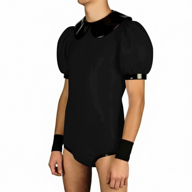 Mens Sissy Doll Collar Puff Short Sleeve Bodysuit Club Patchwork Glossy PVC Leather Rompers Halloween Party Suit Cosplay Leotard
