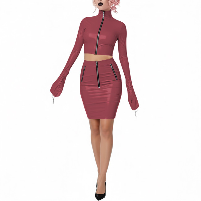 Shiny PVC Leather Club 2-Piece Set High Neck Full Sleeve Crop Top with Bodycon Pencil Skirt Novelty Chic Dress Outfits for Party